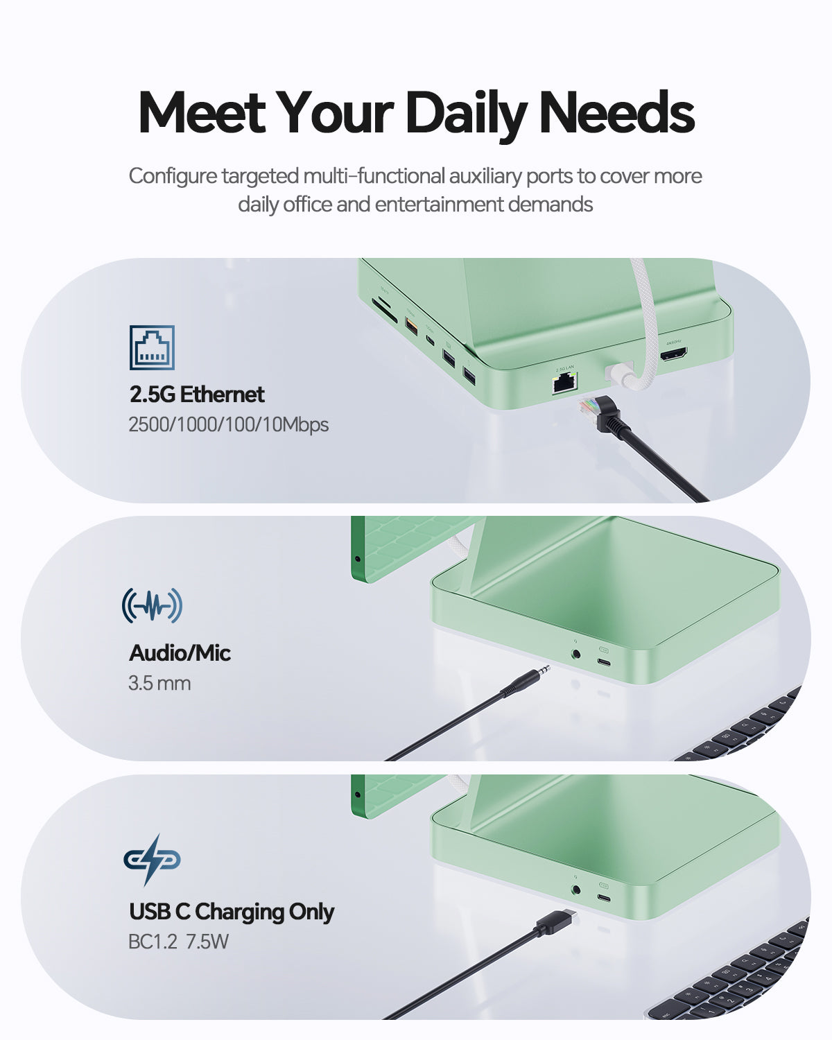 PULWTOP USB C Docking Station For iMac 24" M1/M3/M4 ( 11-in-1, M.2 SSD case, Green)