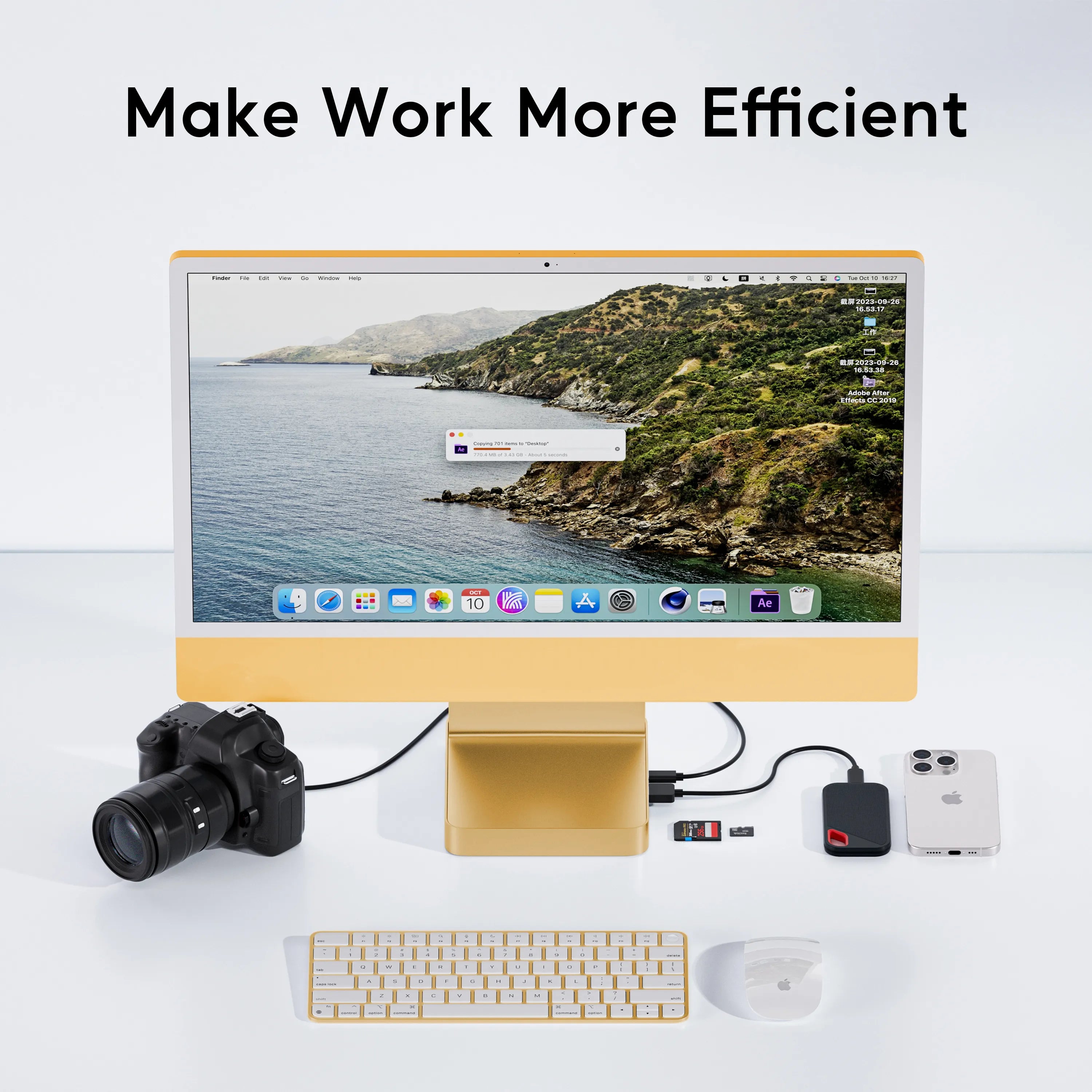 PULWTOP USB C Hub For iMac 24" M1/M3/M4 ( 7-in-1, M.2 SSD case, Yellow）