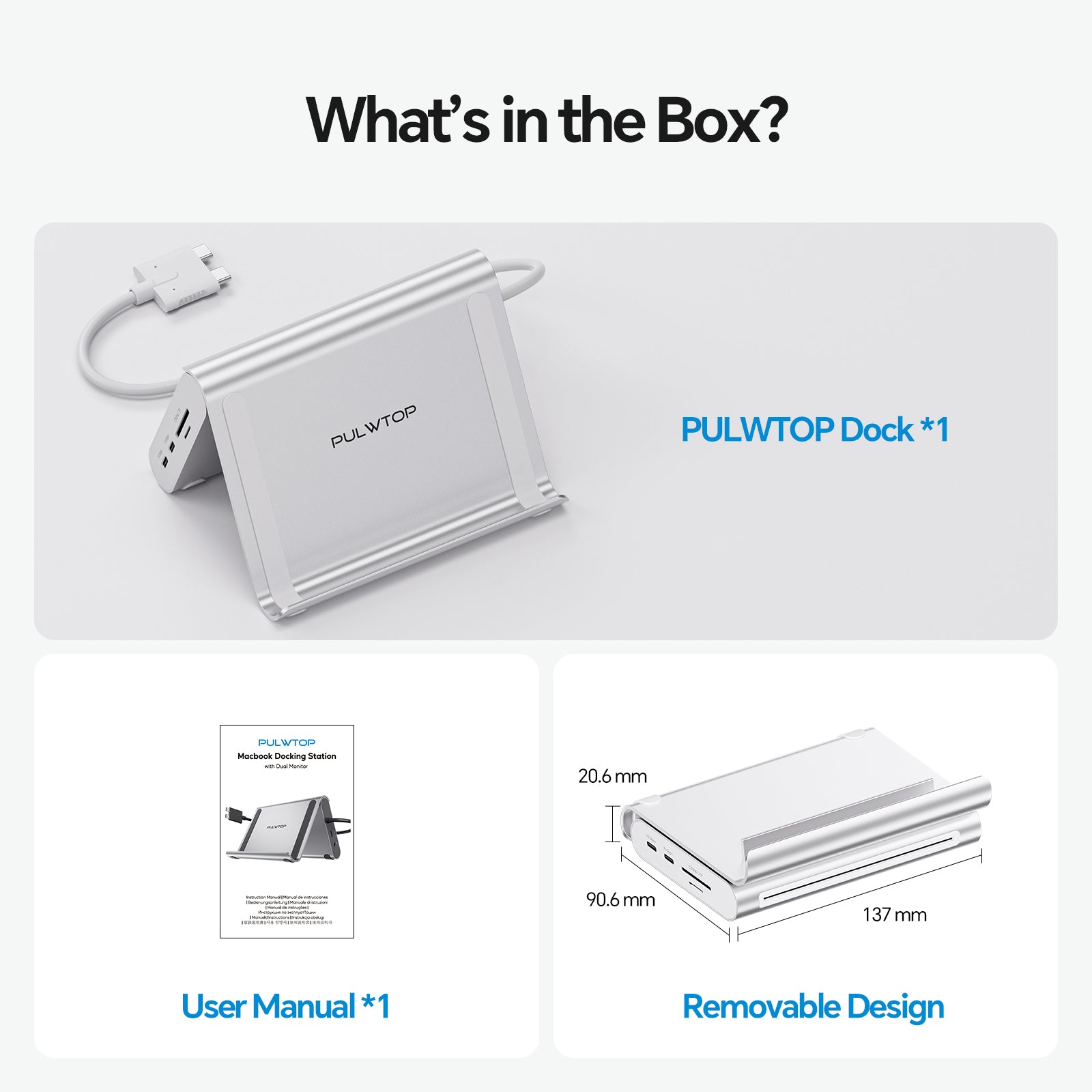 PULWTOP USB C Docking Station Dual Monitor for MacBook Pro/Air M4/M5 (2X 4K@60Hz HDMI, 10Gbps USB A/C) - Silver