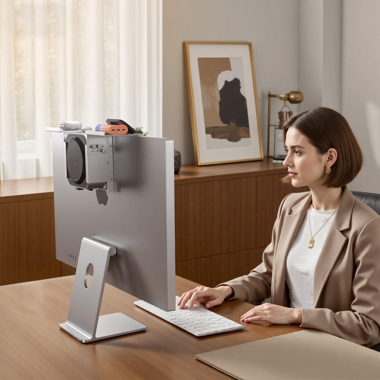 PULWTOP Mac mini M4 Dock & Stand, Metal Bracket Holder for Monitor, Desk and VESA Port (9-in-1, 8TB M.2 SSD case, HDMI 4K)