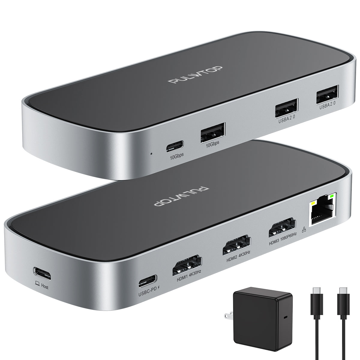 Normal Plug Power Dock PULWTOP Triple Display USB C Dock with 65W Power Adapter, 9-in-1 Dock