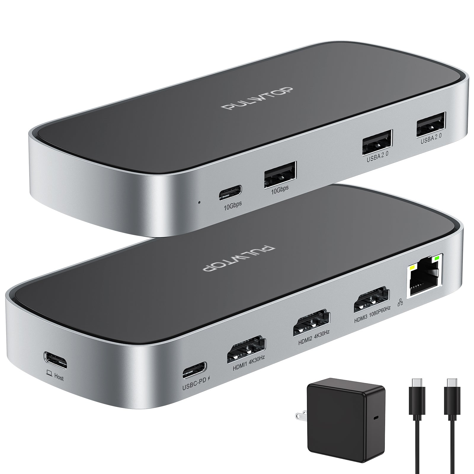 PULWTOP Triple Display USB C Dock with 65W Power Adapter, 9-in-1 Dock for M1/M2/macOS/Windows