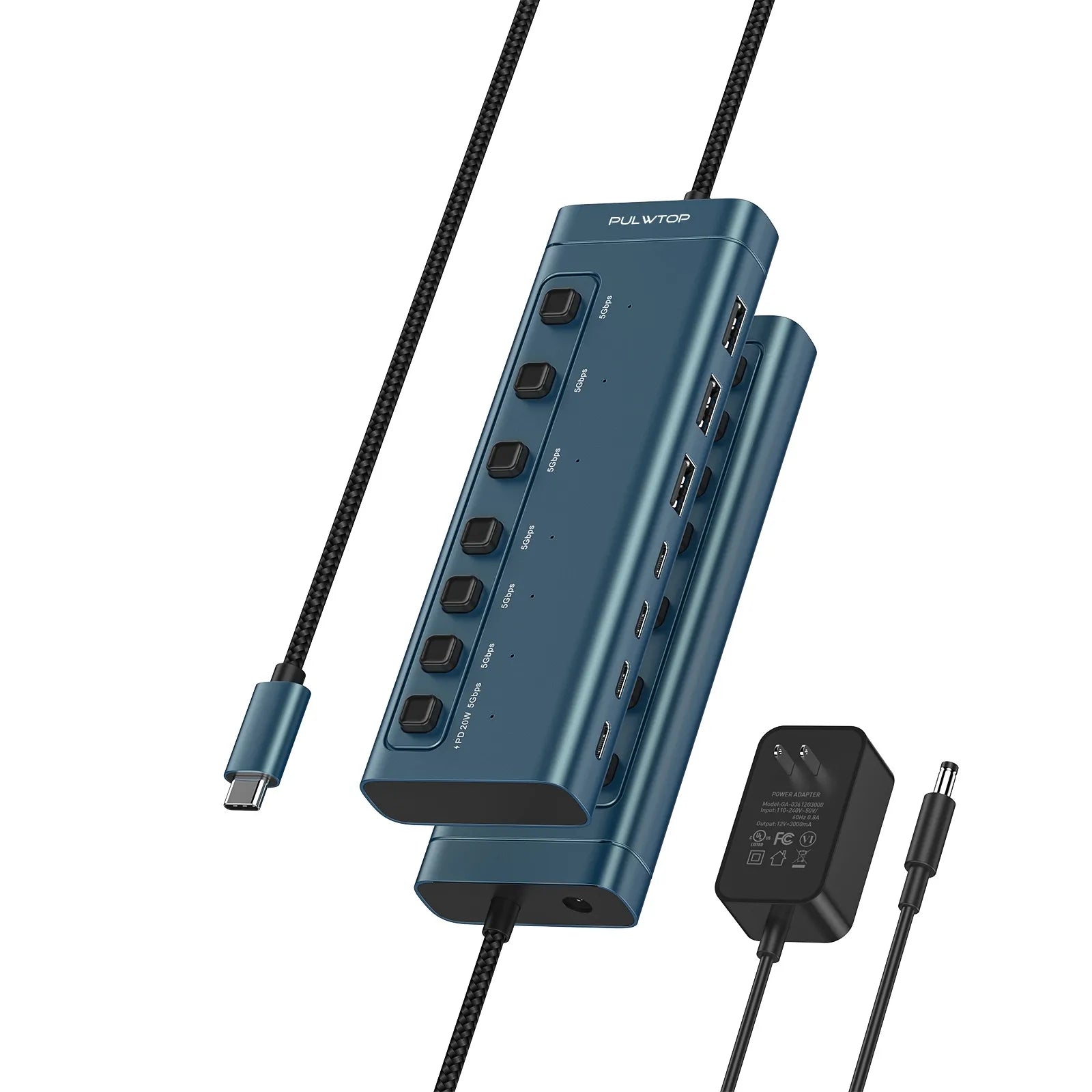 PULWTOP 7-in-1 Powered USB Hub - 3x USBA 3.0 Data Ports & 4x USB C Data Ports Fits Laptops, MacBook Pro