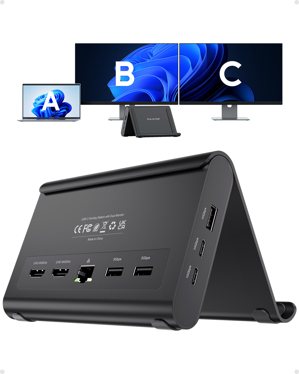 PULWTOP Laptop Docking Station Dual Monitor, Vertical Stand for Surface Pro 11/10/9/8 & Windows Laptops (4K@60Hz HDMI, 3X USB-C/A 10Gbps)