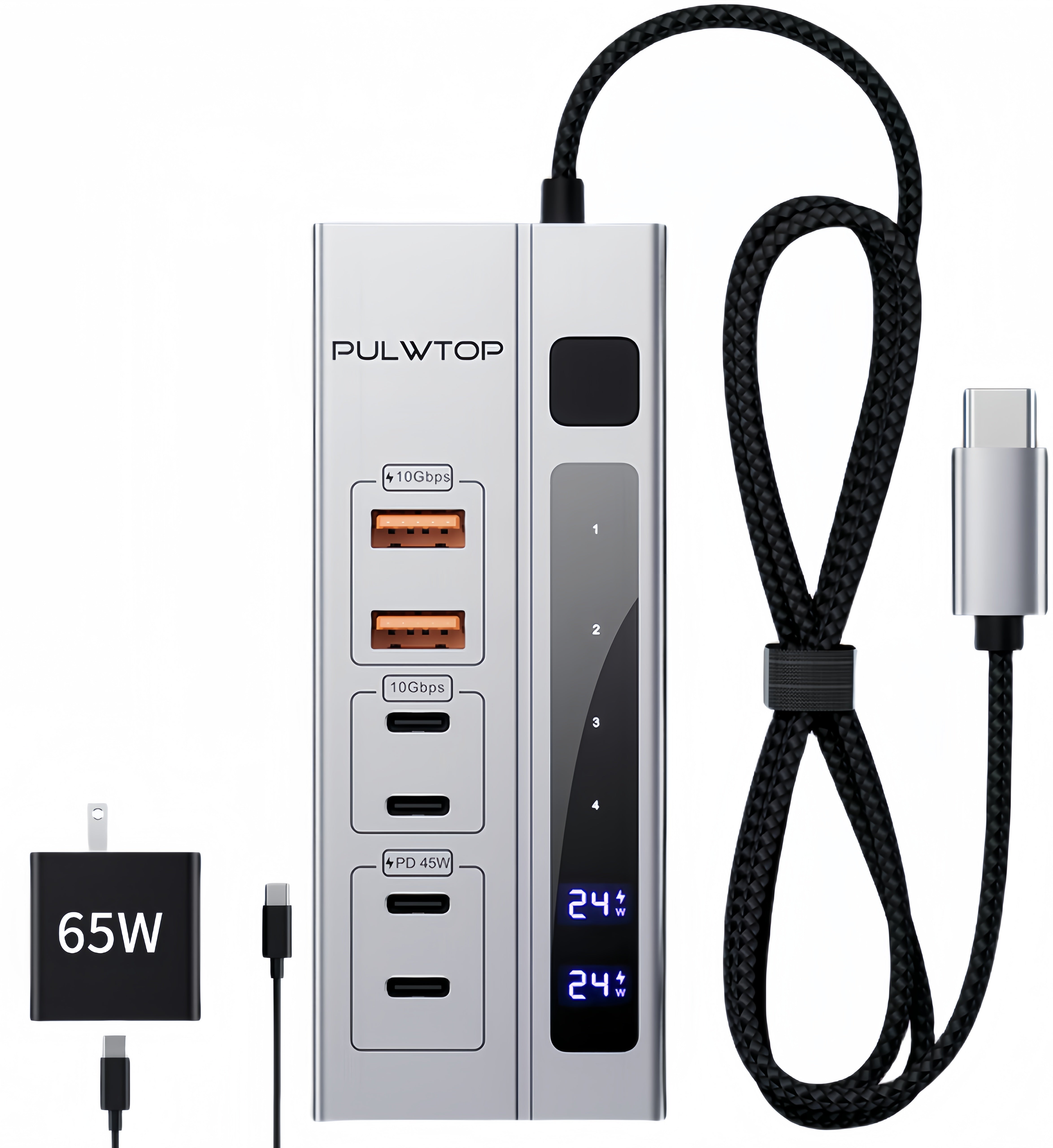 PULWTOP Powered USB C Hub with 65W PD-in Power Adapter