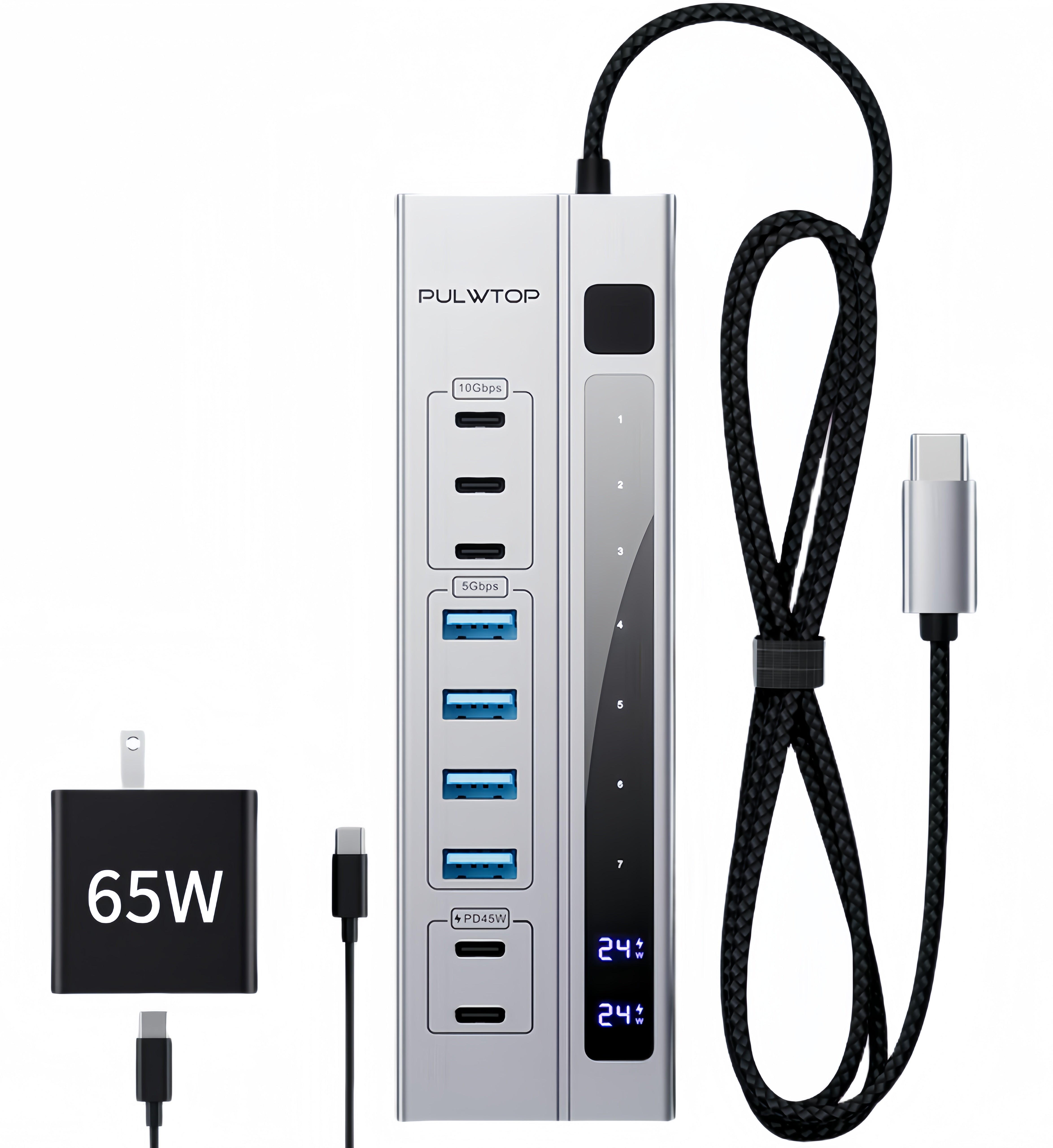 PULWTOP 9-in-1 Powered USB C Hub, USB 3.2 Data Hub with 65W PD-in Power Adapter