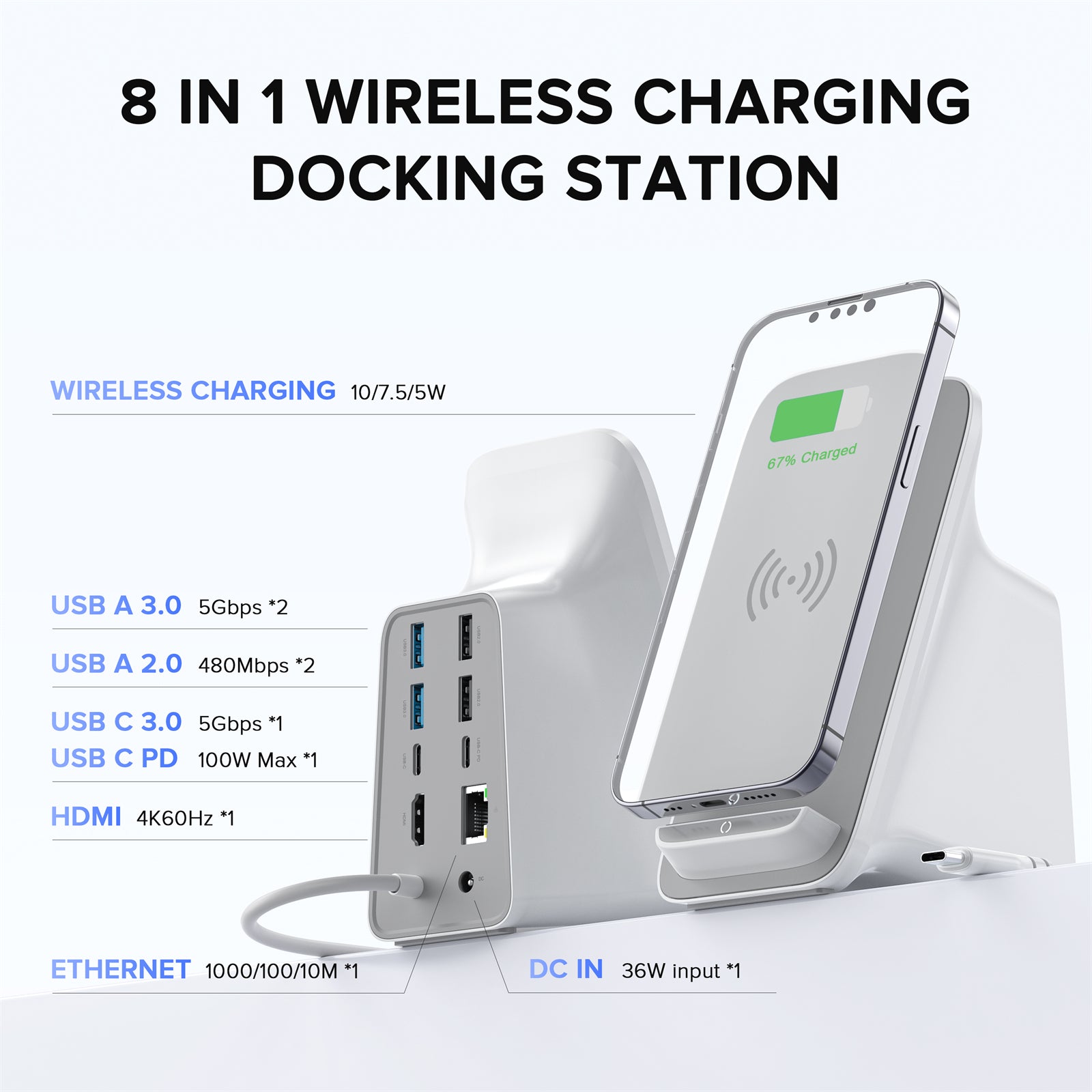 PULWTOP 9-in-1 laptop docking station, up to 10W wireless charging pad, suitable for iPhone 13/12 series, Samsung S22, Pixel 4/3, etc.