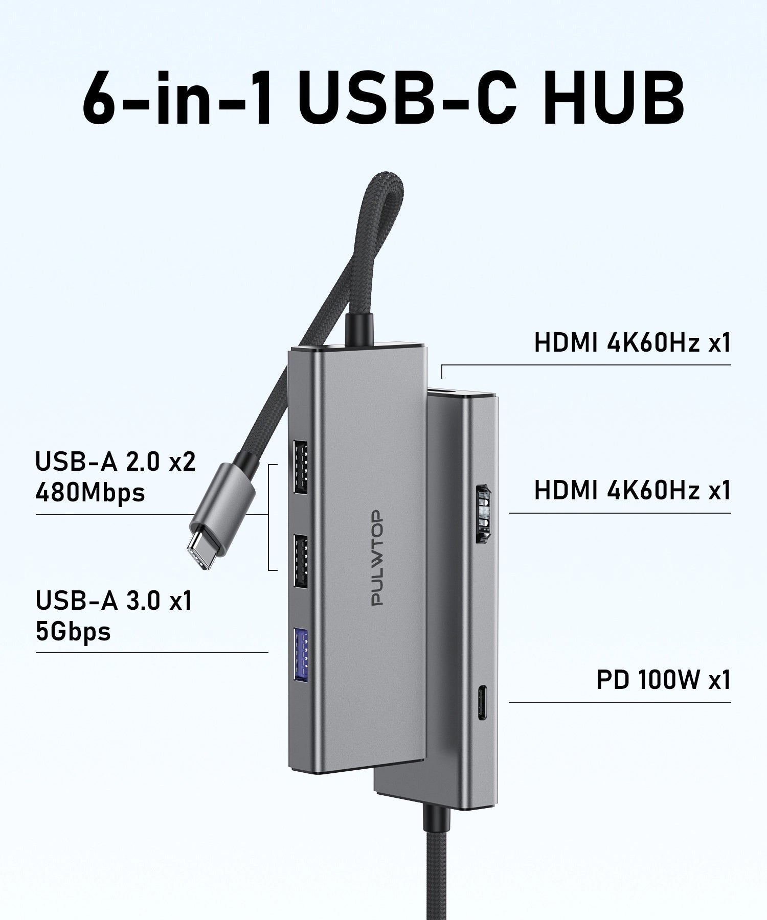 PULWTOP 6-in-1 USB C Hub Dual HDMI Monitors (for Windows), USB C Adapter with Dual HDMI, USB Ports, PD