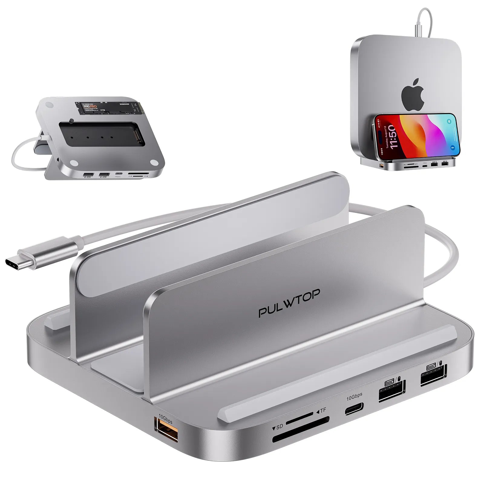 PULWTOP 8-in-1 Vertical Mac Mini Dock ,Mac Mini Hub Stand with M.2 PCIe NVMe SSD Enclosure
