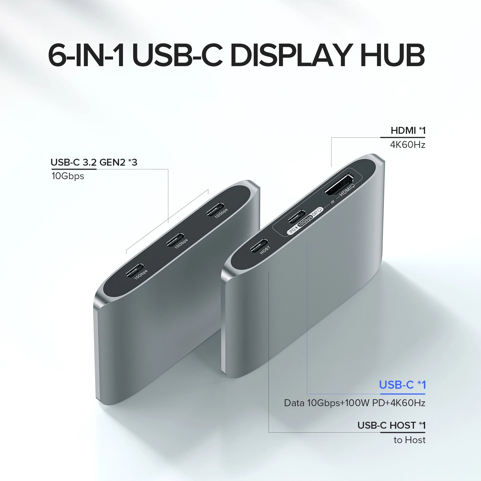 PULWTOP 6-in-1 USB C Hub with 4K HDMI,3 USB-C 10Gbps Data Ports, Full-Featured USB-C (100W PD+10Gbps Data Port+4K 60Hz Display)