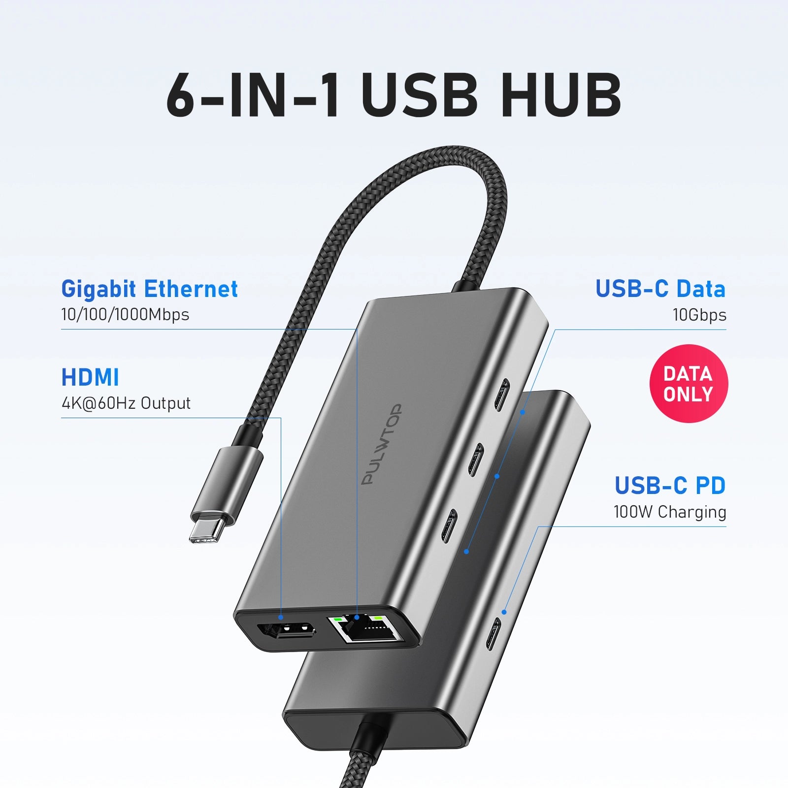 PULWTOP 6-in-1 USB C Hub Multiport Adapter for Laptop MacBook Air iPad Pro XPS