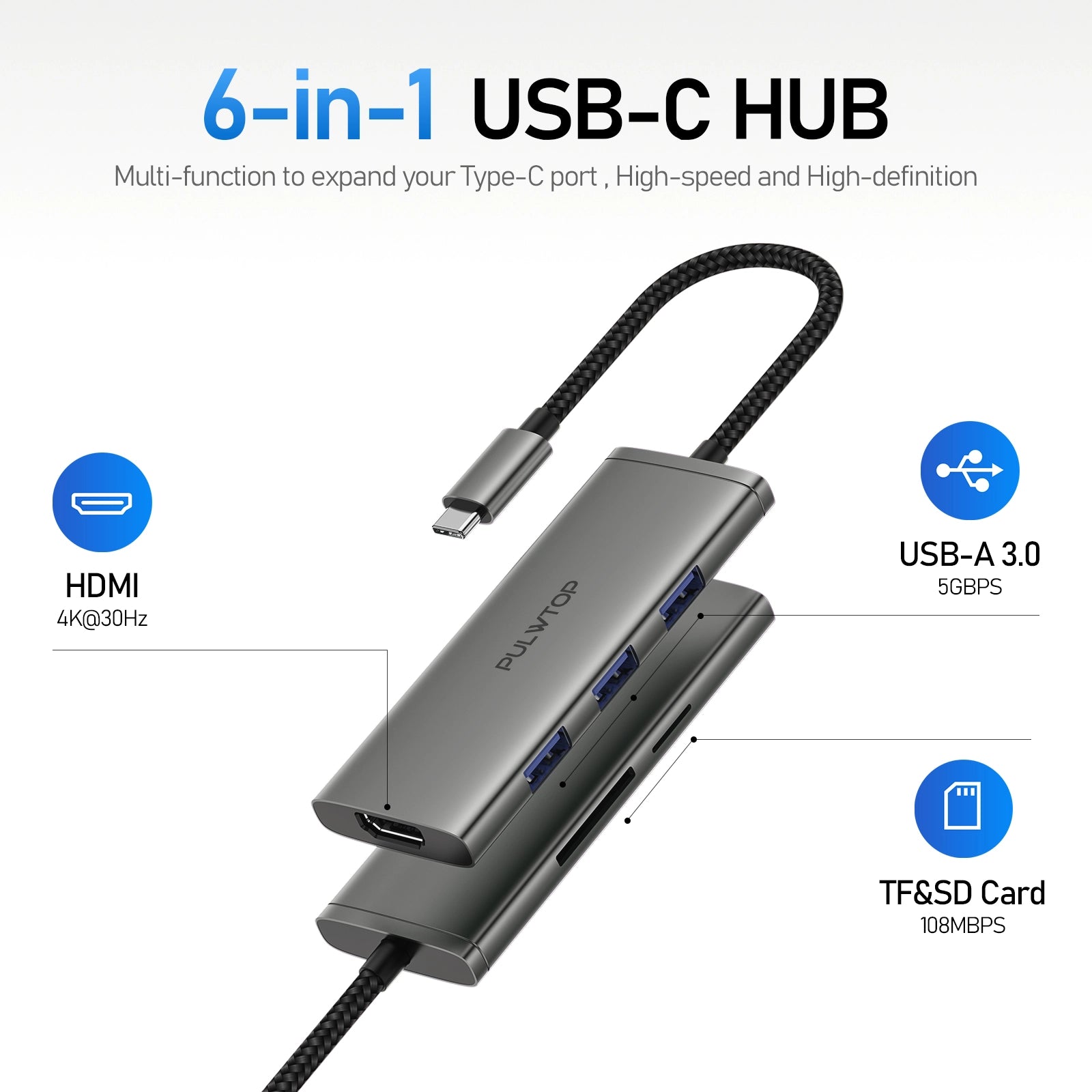 PULWTOP 6-in-1 USB hub with 4K HDMI, USB A 3.0, SD/TF card reader, suitable for MacBook Pro/ Air, Dell XPS and more Type C devices