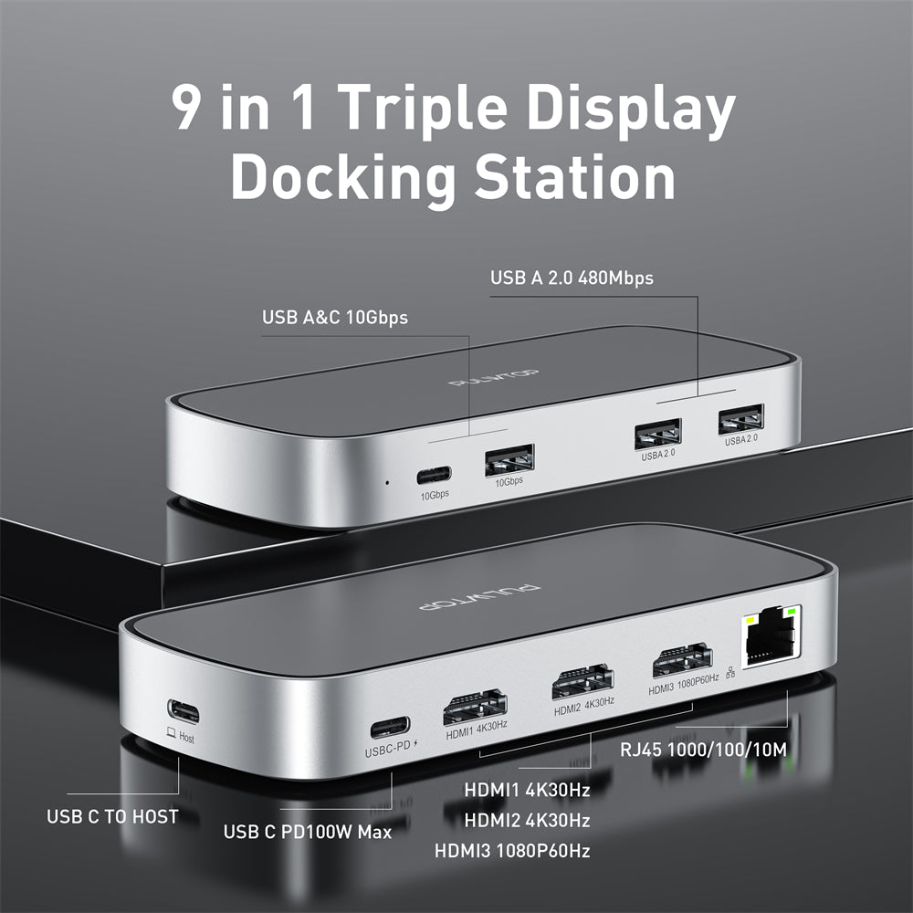 PULWTOP Triple Display USB C Dock with 65W Power Adapter, 9-in-1 Dock for M1/M2/macOS/Windows
