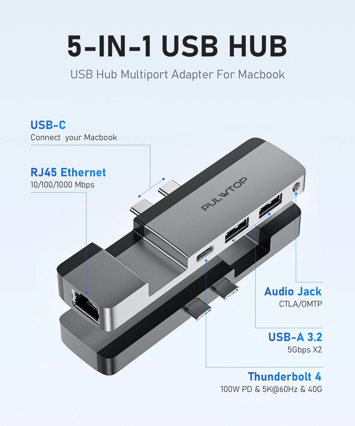 PULWTOP USB C hub for MacBook with multi-function USB C port (supports 5K@60Hz, data transfer, 100W power supply), suitable for M1, M2 MacBook Air/Pro