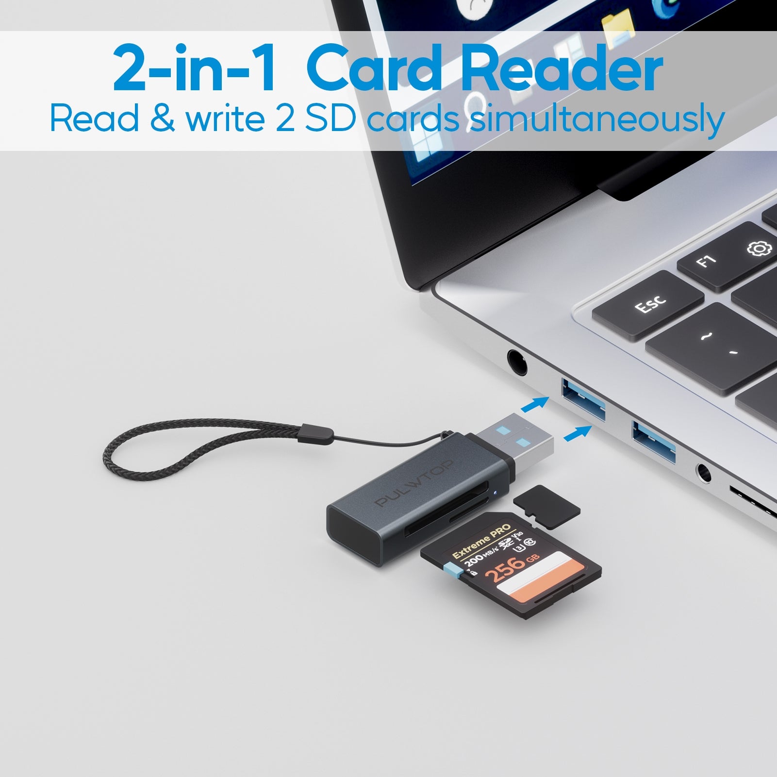 PULWTOP USB 3.0 Micro SD Card Reader, 2-in-1 USB A Card Reader, for SD SDHC SDXC MicroSD Compatible with Windows and Mac OS.