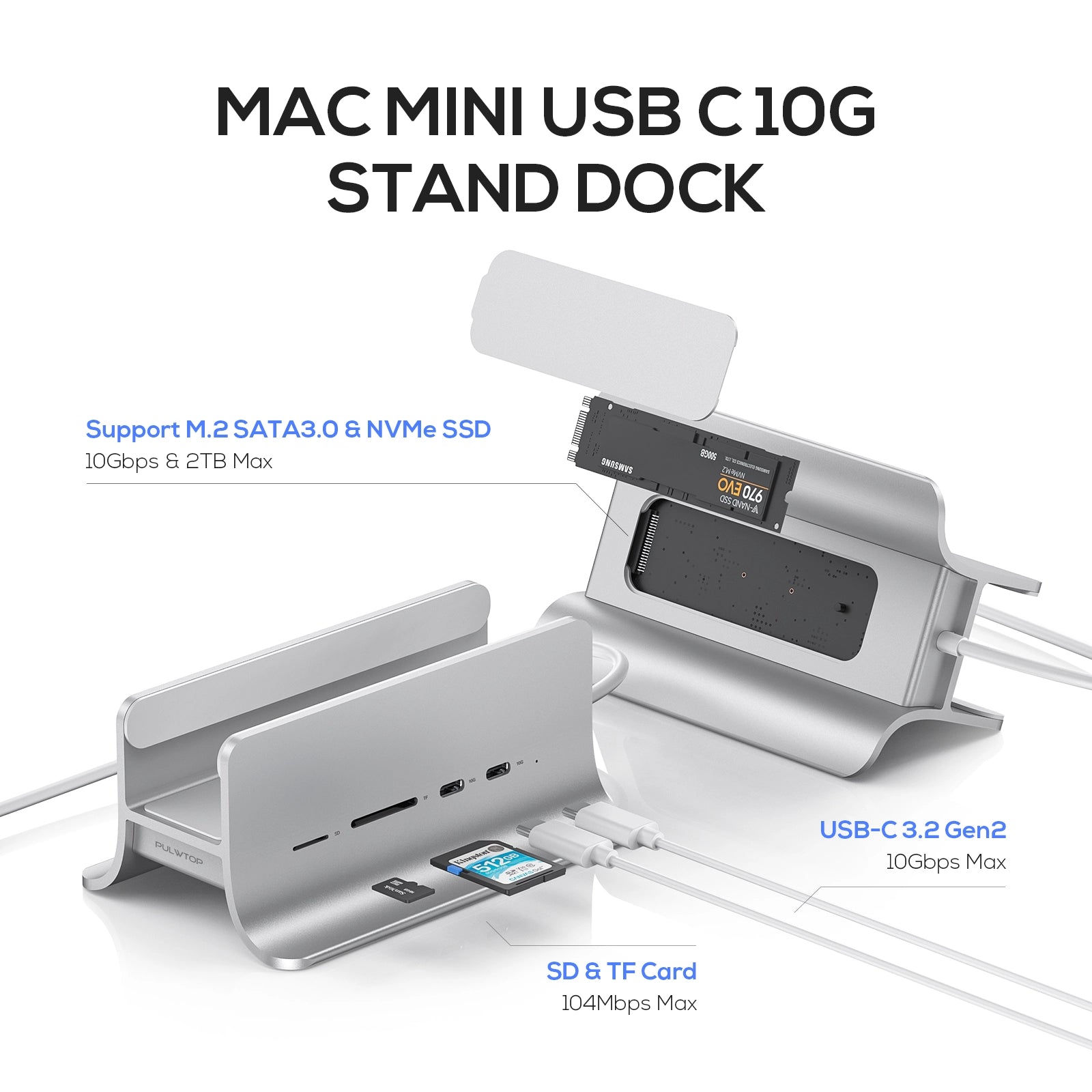 PULWTOP USB C Hub for Mac Mini, 5 in 1USB Hub Adapter Support M.2 NVMe SSD Expand(Not Included)