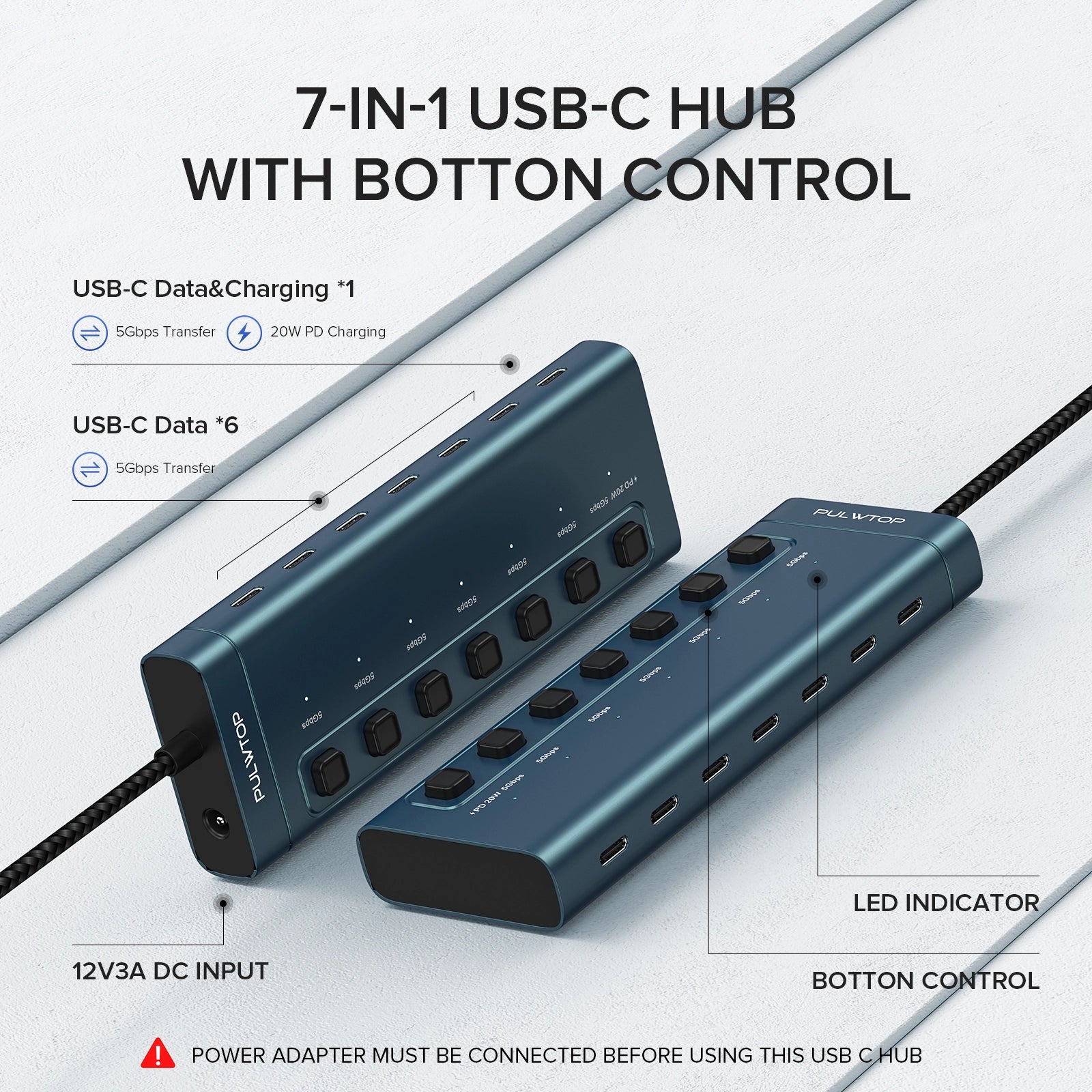 PULWTOP Powered USB Hub - USB C Hub Multiport Adapter 7 USB C Data 5Gbps ,Smart charging for iPad ,iPhone ect.