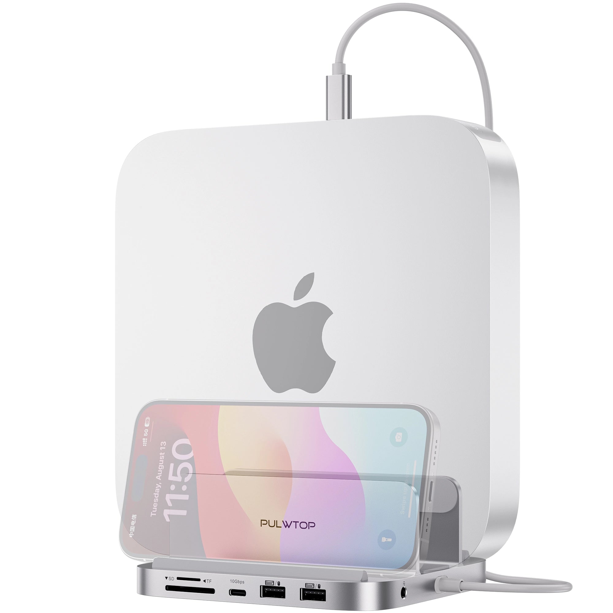 PULWTOP 8-in-1 Vertical Mac Mini Dock ,Mac Mini Hub Stand with M.2 PCIe NVMe SSD Enclosure