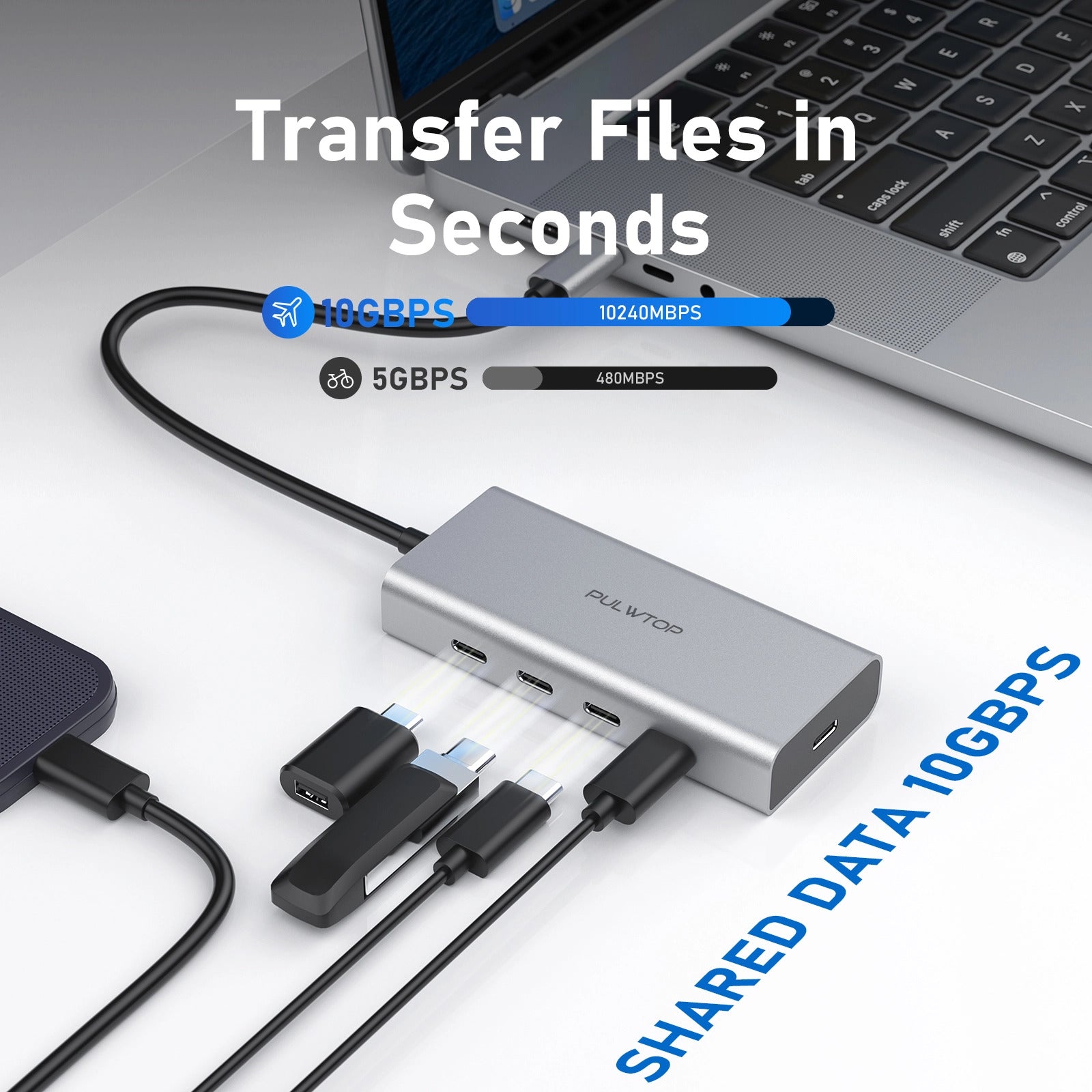 PULWTOP 5-port USB C Hub 10Gbps with 100W PD (no monitor support) for laptops