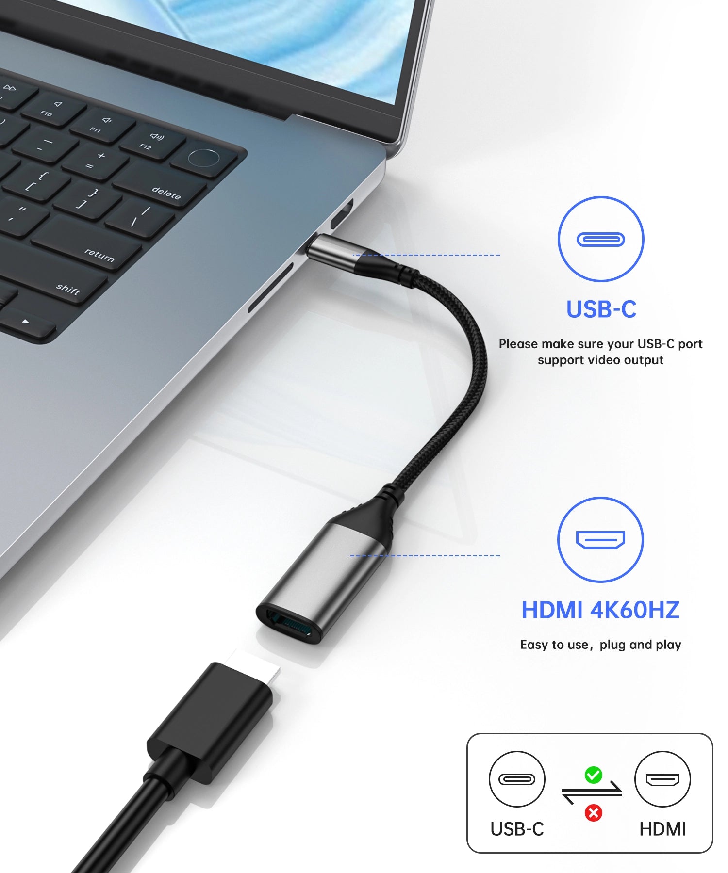 PULWTOP USB C to HDMI Adapter 4K@60Hz, Compatible with Thunderbolt 3 Port