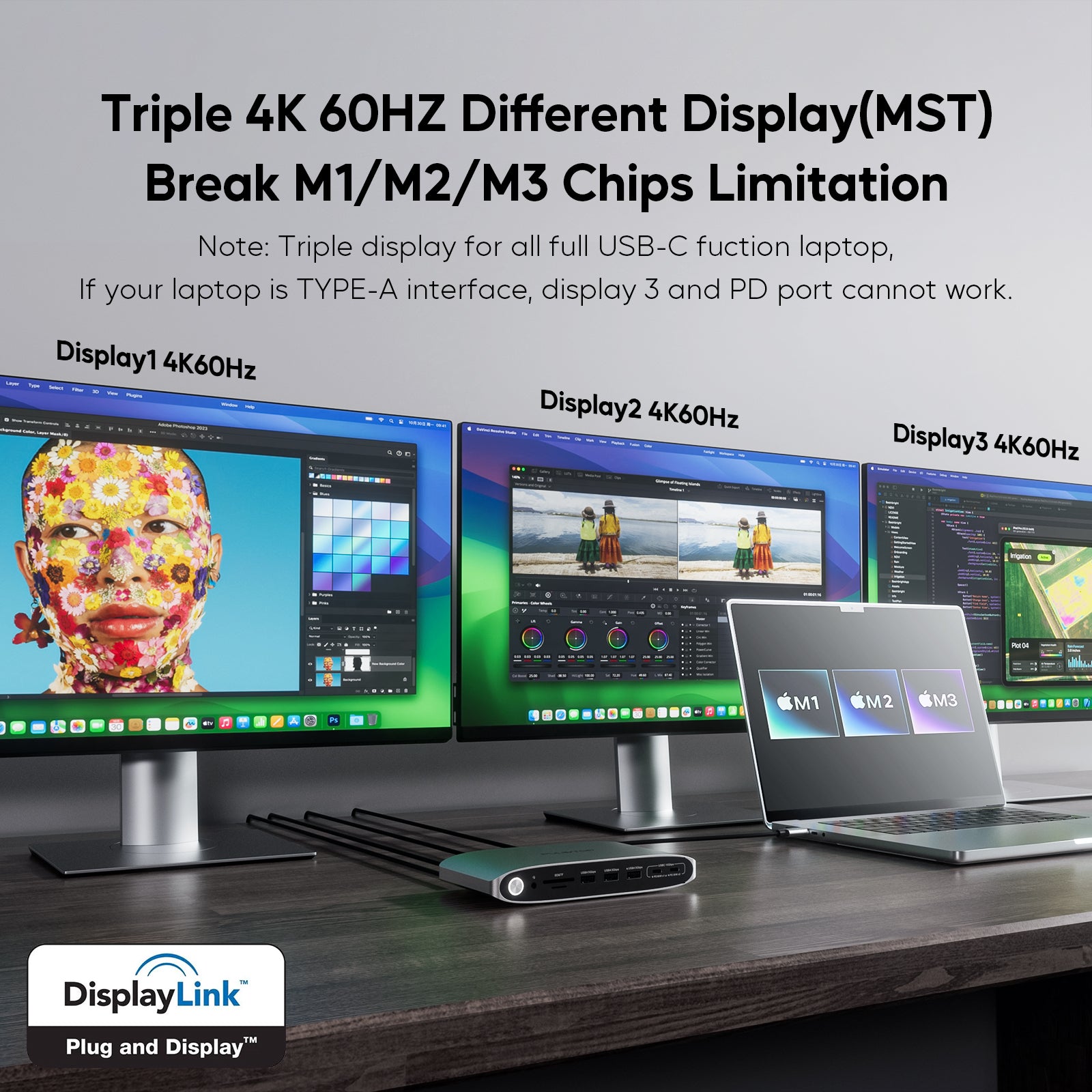 PULWTOP DisplayLink Docking Station Triple Monitor with 140W Power Adapter, 4K@60HZ Laptop USB C Docking Station