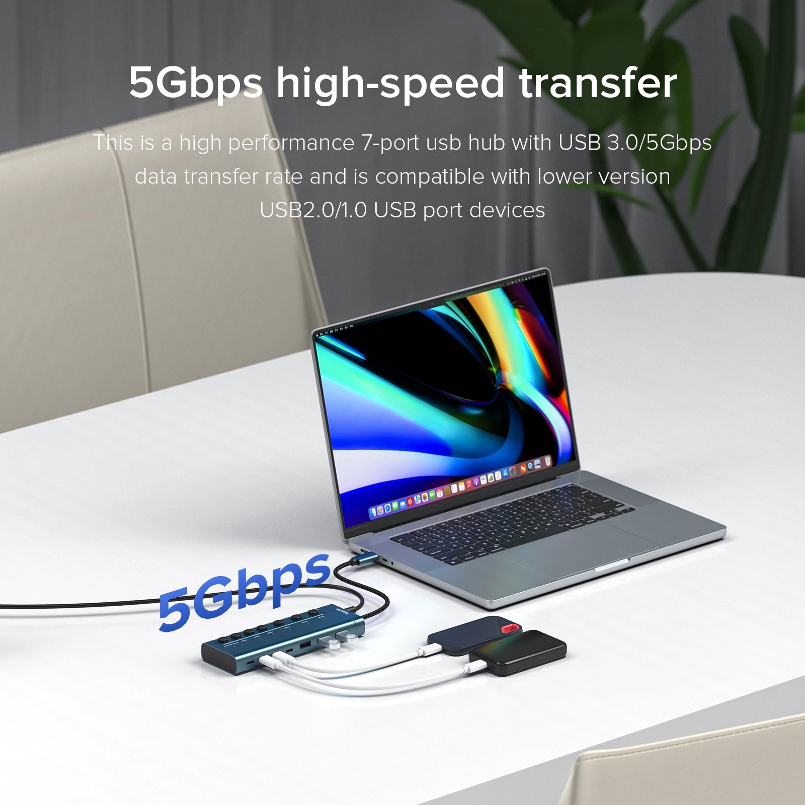 PULWTOP 7-in-1 Powered USB Hub - 3x USBA 3.0 Data Ports & 4x USB C Dat