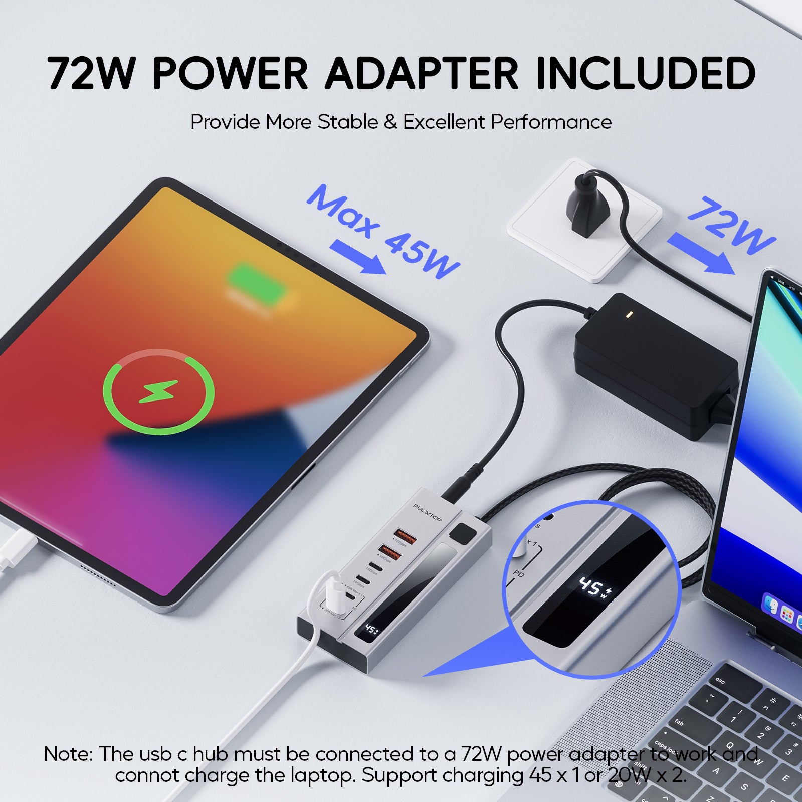 PULWTOP Powered USB C Hub with 72W Power Adapter, 10Gbps and 45W (Max) USB C Hub for MacBook, iMac, iPad, Phone (Not for Video)