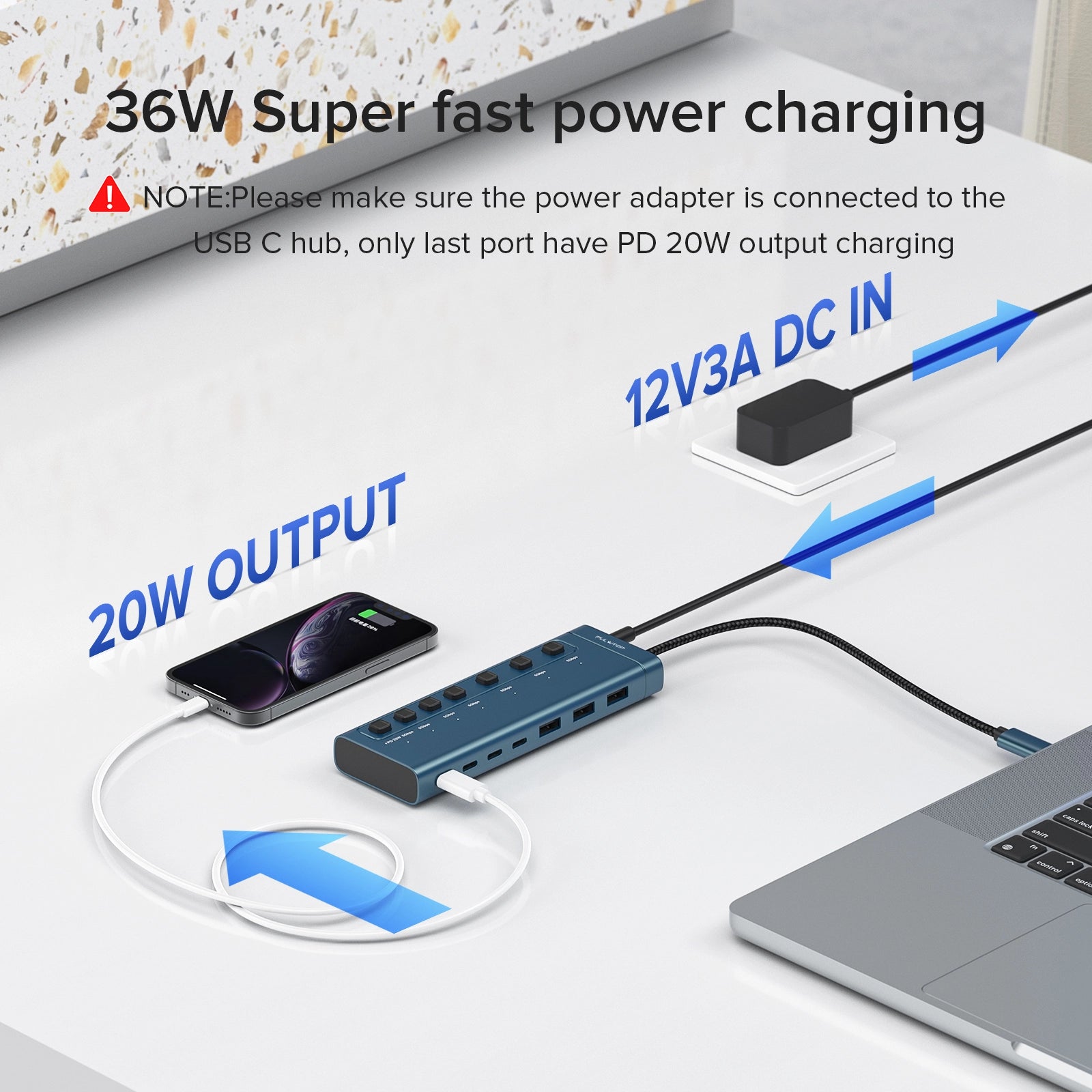 PULWTOP 7-in-1 Powered USB Hub - 3x USBA 3.0 Data Ports & 4x USB C Data Ports Fits Laptops, MacBook Pro