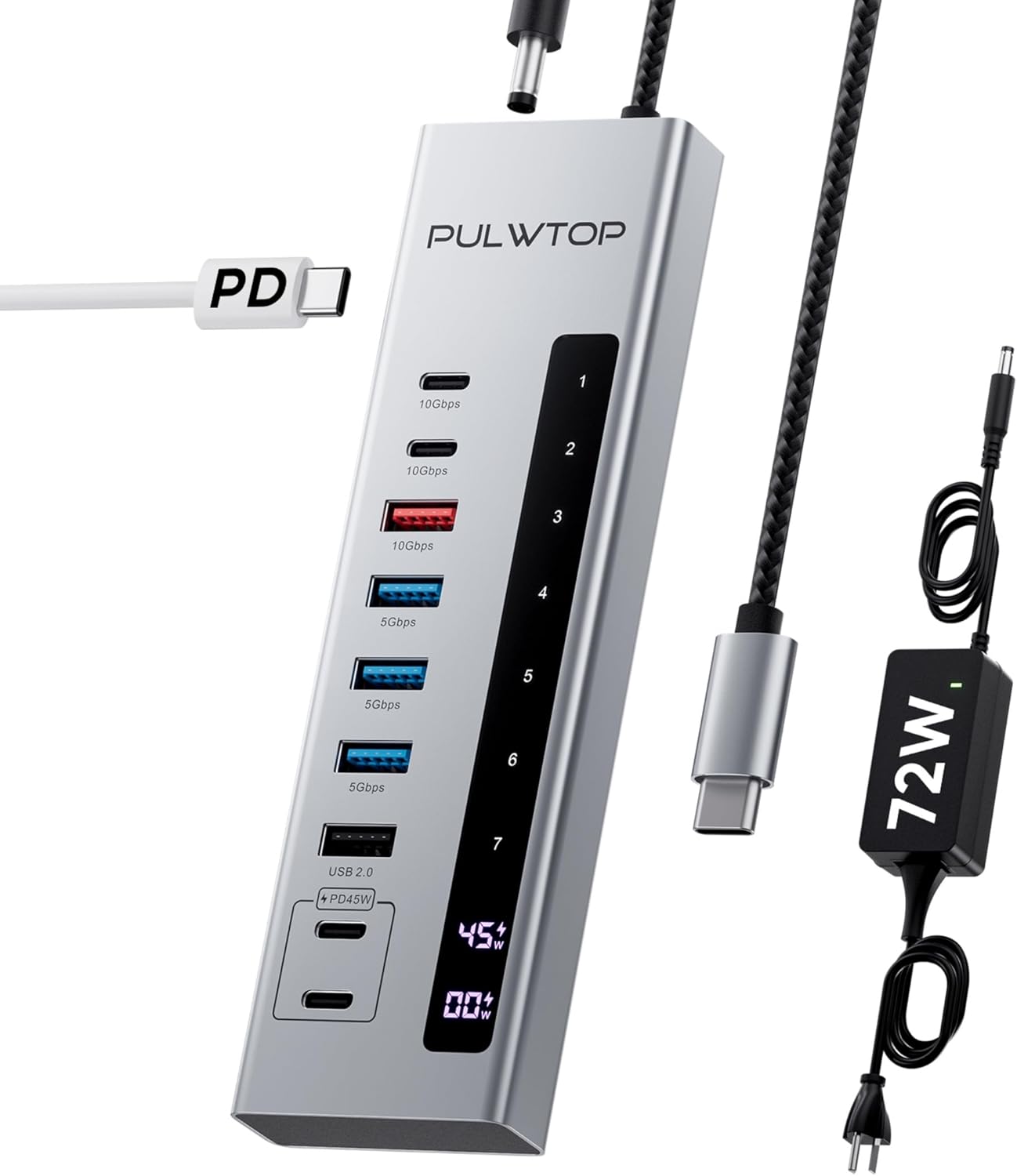 PULWTOP 10-in-1 Powered USB C Hub with 3 x USB A/C 10Gbps, 3 x USB-A 5Gbps, USB A 2.0, 100W USB-C PD-in, 2 x 24/45W USB-C PD Charging Data Hub for PC Laptops (72W Adapter Included)