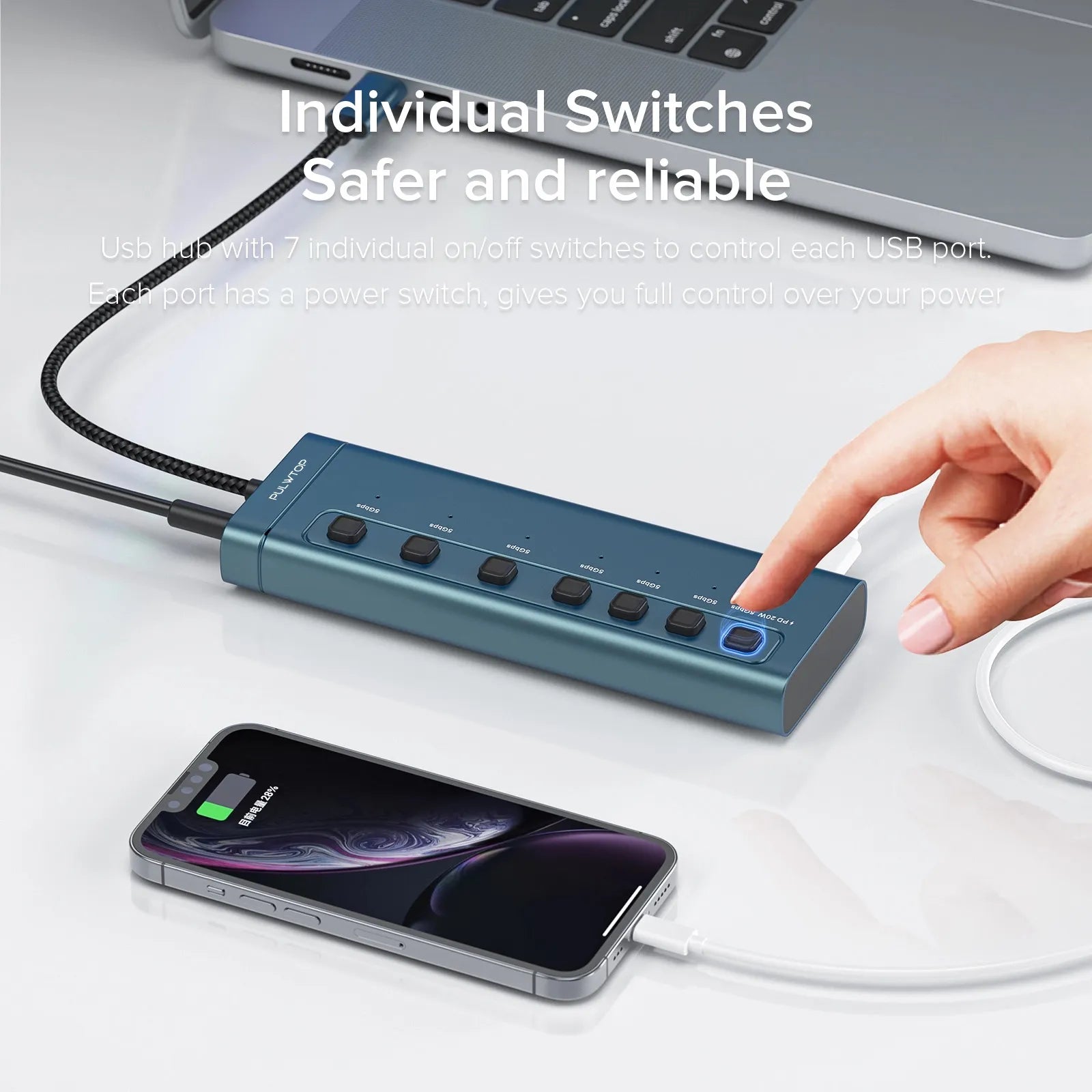 Hub USB-C 7 Ports Avec Alimentation 36 W – 3 USB-A + 4 USB-C, Interrupteurs Individuels, Charge PD 20 W