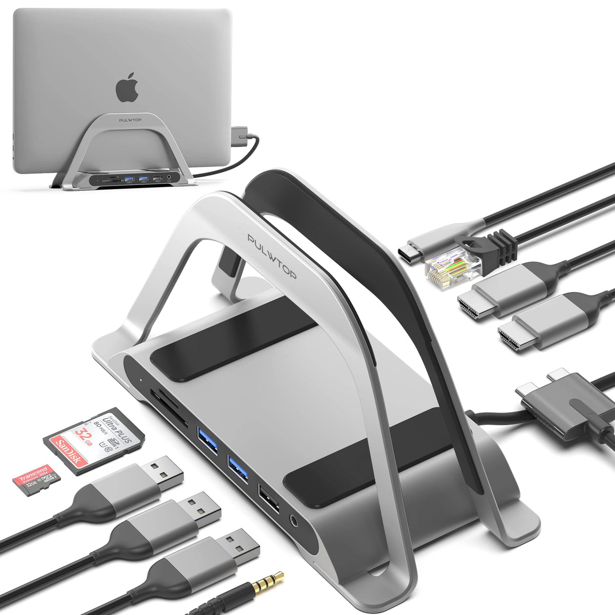 PULWTOP MacBook Vertical Stand Docking Station ,Dual Monitor Compatibl