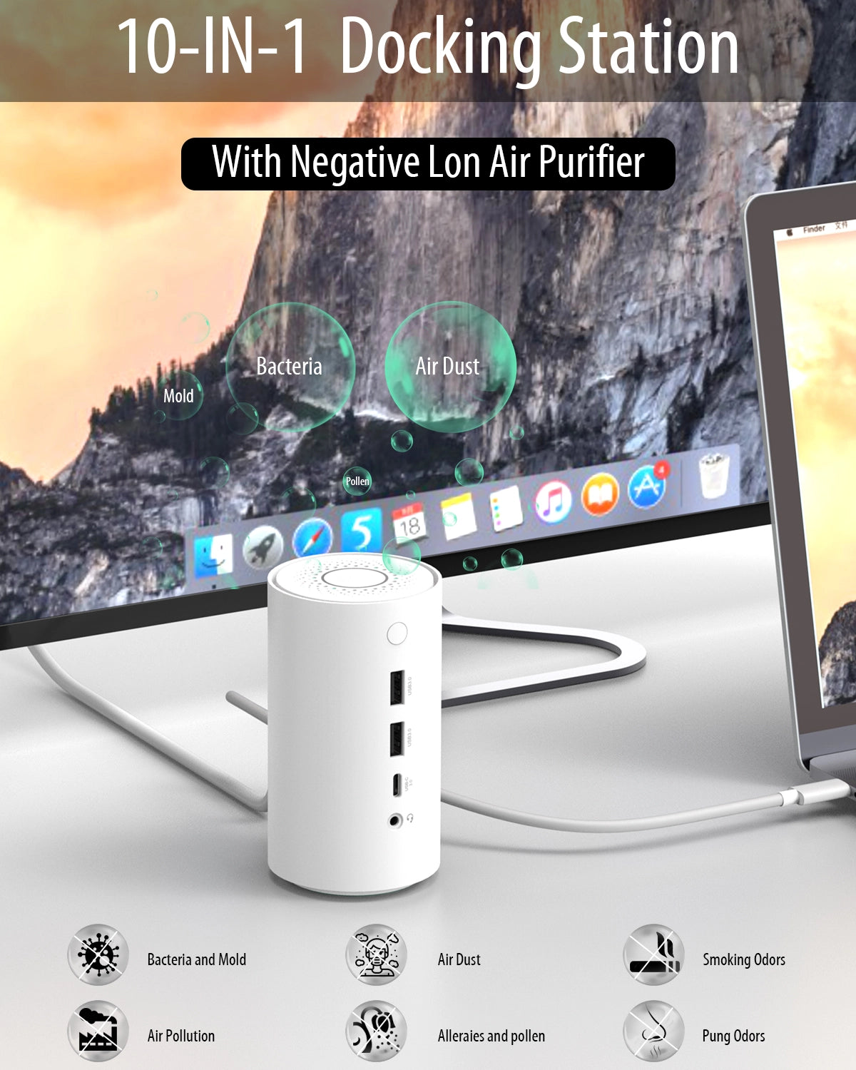 PULWTOP Negative Ion Laptop Dock, 10-in-1 USB C Dock to HDMI, Ethernet, 100W Power Delivery, USBA/C