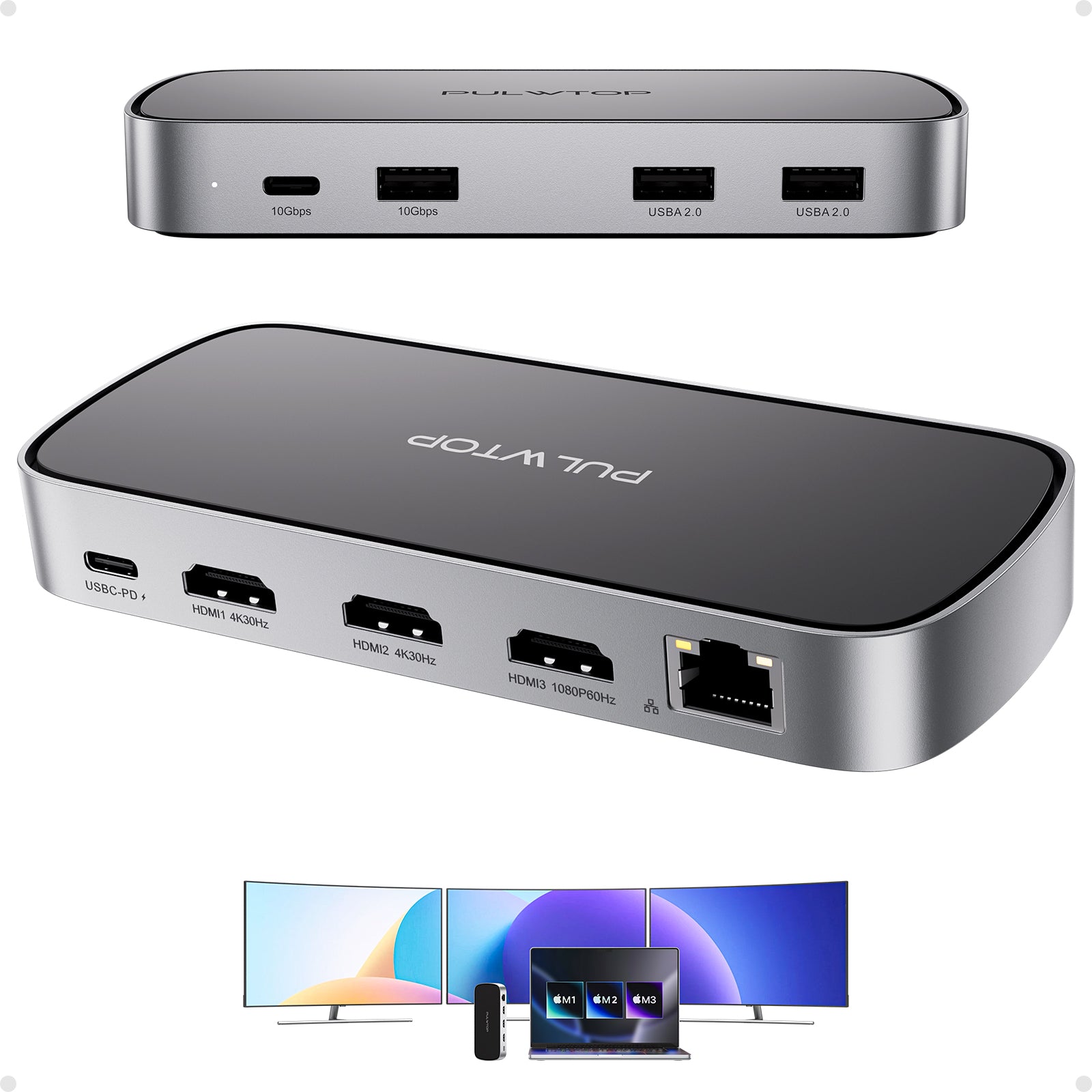 PULWTOP USB C Docking Station Triple Display with 65W Power Adapter, 9-in-1 USB C Dock for M1/M2/M3/macOS/Windows