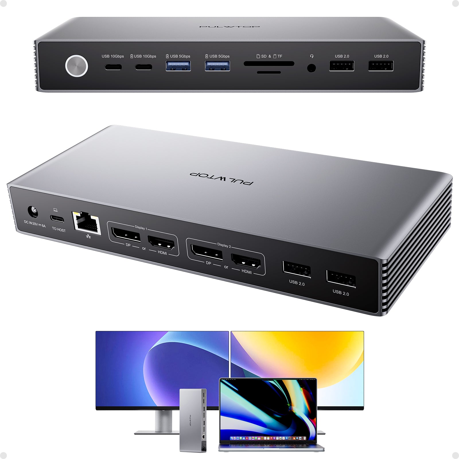 PULWTOP DisplayLink Docking Station Dual Display with HDMI 4K@60Hz, DisplayPorts, USB C Data,USBA, Ethernet, Audio