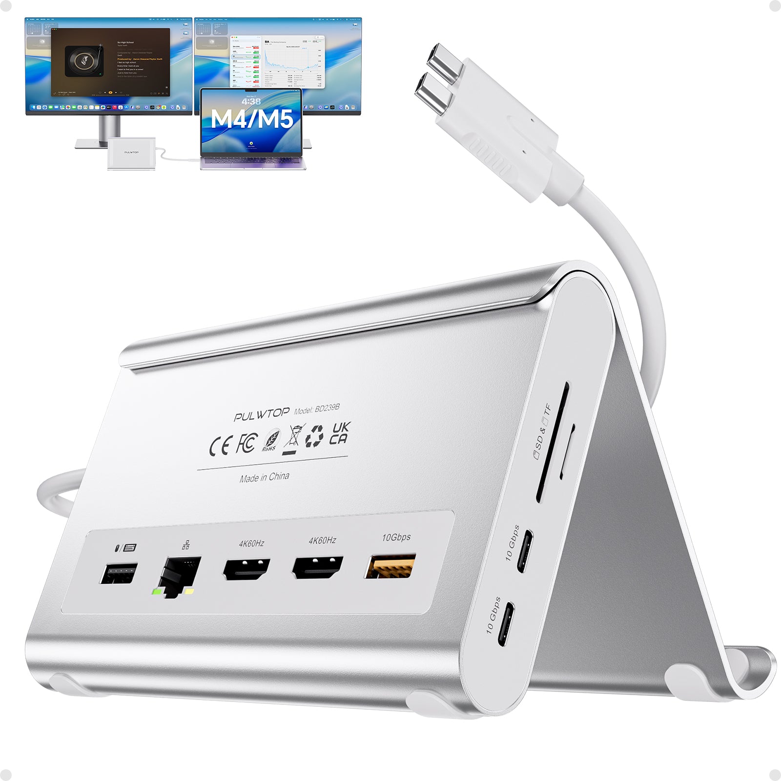 PULWTOP USB C Docking Station Dual Monitor for MacBook Pro/Air M4/M5 (2X 4K@60Hz HDMI, 10Gbps USB A/C) - Silver